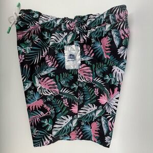 Havana Jim Mens Tropical Floral Swim Trunks Black Pink Monstera Leaf Large NEW